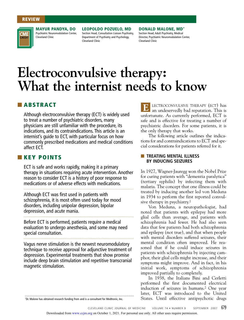 Electroconvulsive Therapy: What the Internist Needs to Know