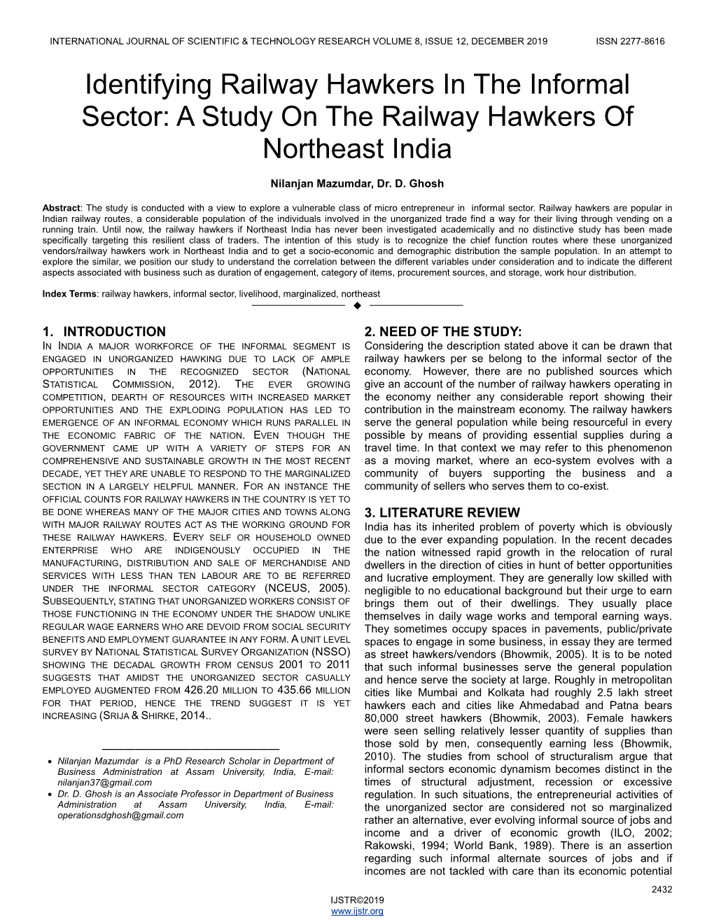 Identifying Railway Hawkers in the Informal Sector: a Study on the Railway Hawkers of Northeast India