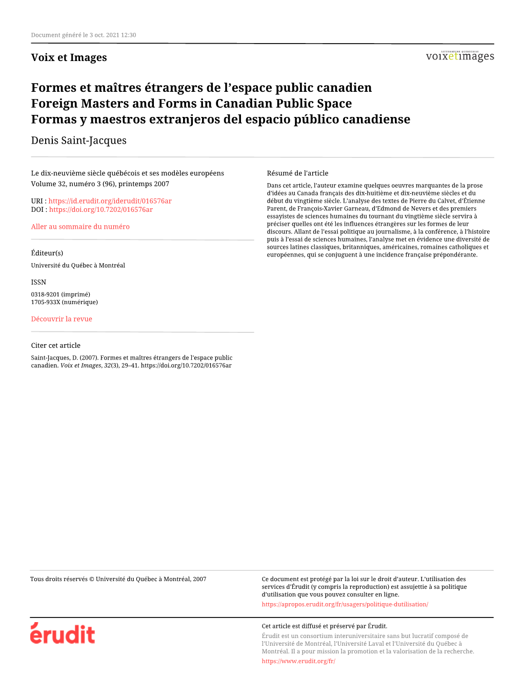 Formes Et Maîtres Étrangers De L'espace Public Canadien