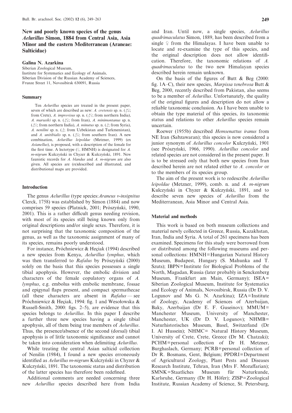 New and Poorly Known Species of the Genus Aelurillus Simon, 1884 From