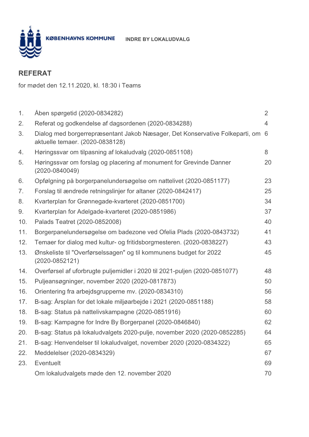 REFERAT for Mødet Den 12.11.2020, Kl