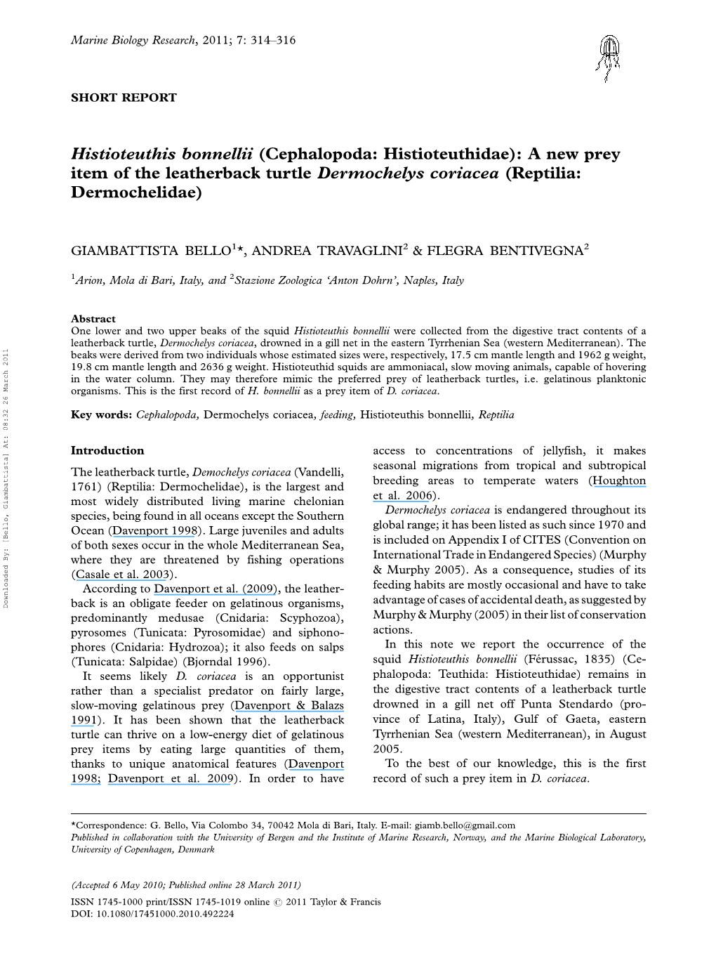 Histioteuthis Bonnellii (Cephalopoda: Histioteuthidae): a New Prey Item of the Leatherback Turtle Dermochelys Coriacea (Reptilia: Dermochelidae)