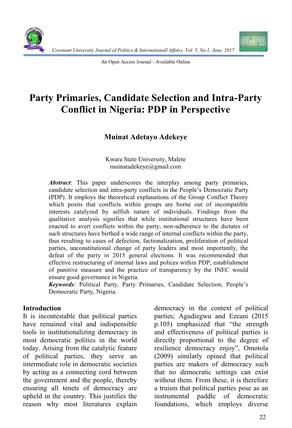Party Primaries, Candidate Selection and Intra-Party Conflict in Nigeria: PDP in Perspective