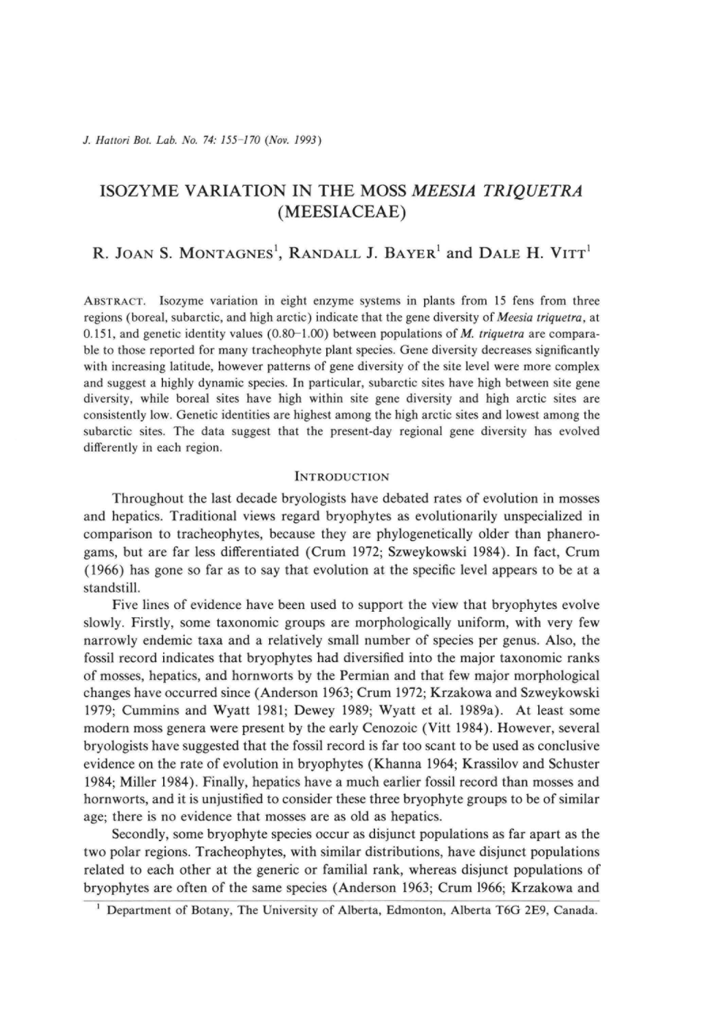 Isozyme Variation in the Moss Mees/A Triquetra (Meesiaceae)