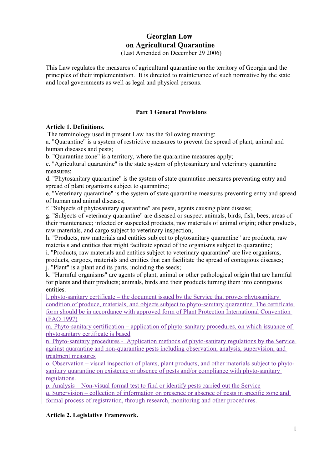 The Law of Georgia on Agricultural Quarantine (May 15, 1997)