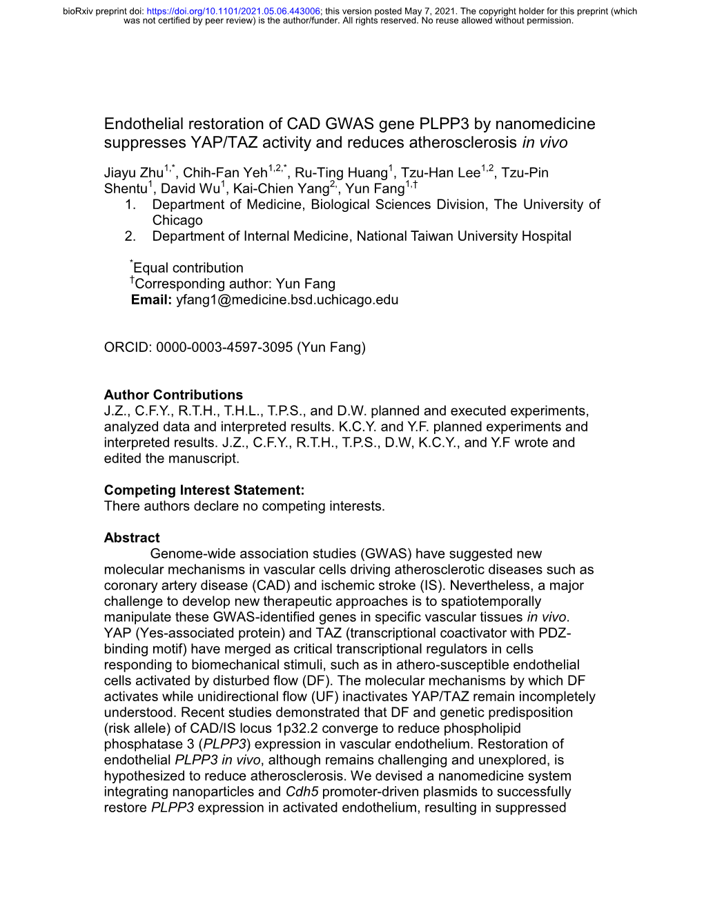 Endothelial Restoration of CAD GWAS Gene PLPP3 by Nanomedicine Suppresses YAP/TAZ Activity and Reduces Atherosclerosis in Vivo