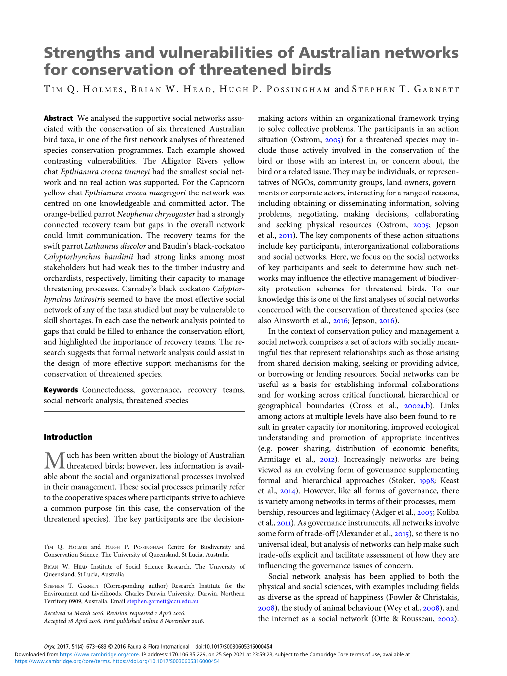 Strengths and Vulnerabilities of Australian Networks for Conservation of Threatened Birds