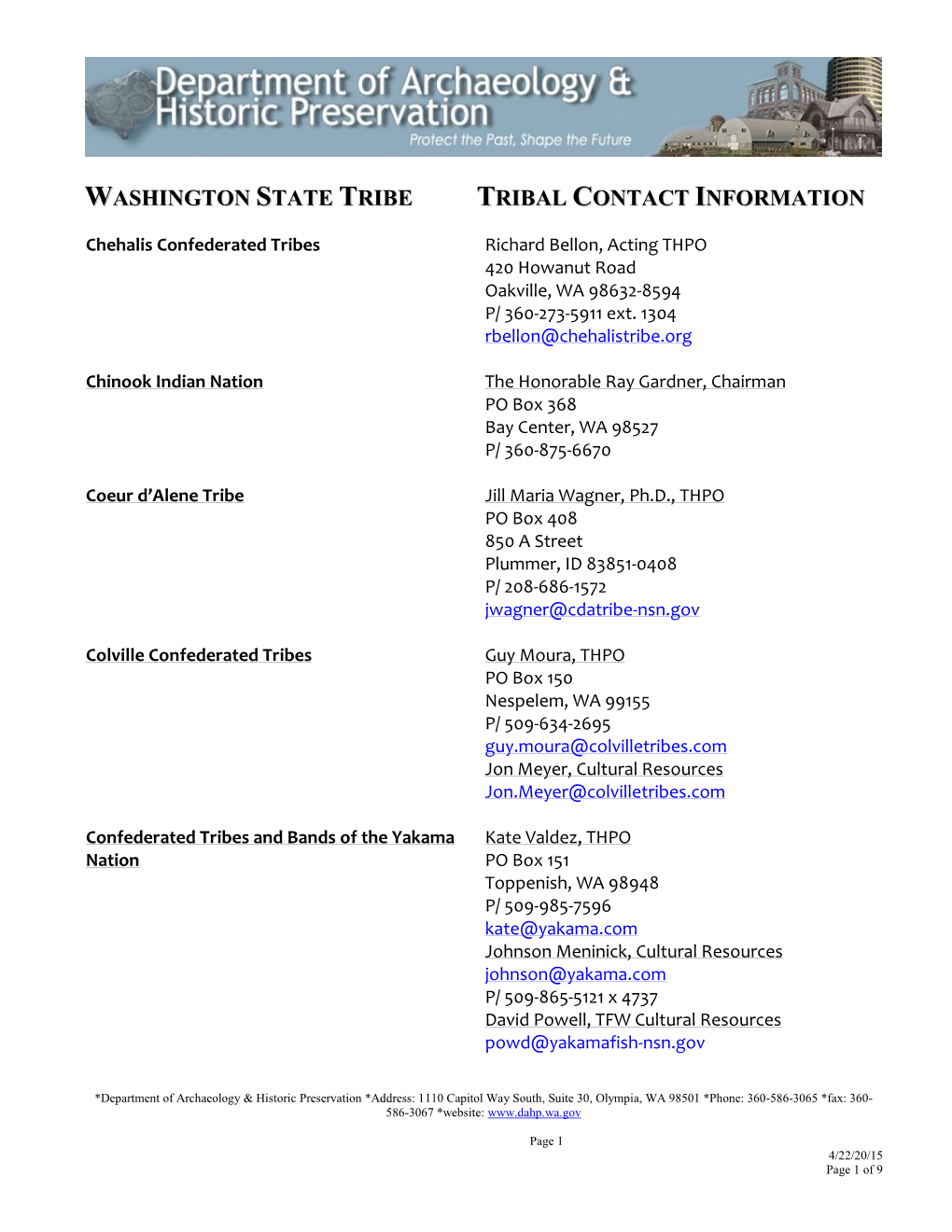 Washington State Tribe Tribal Contact Information