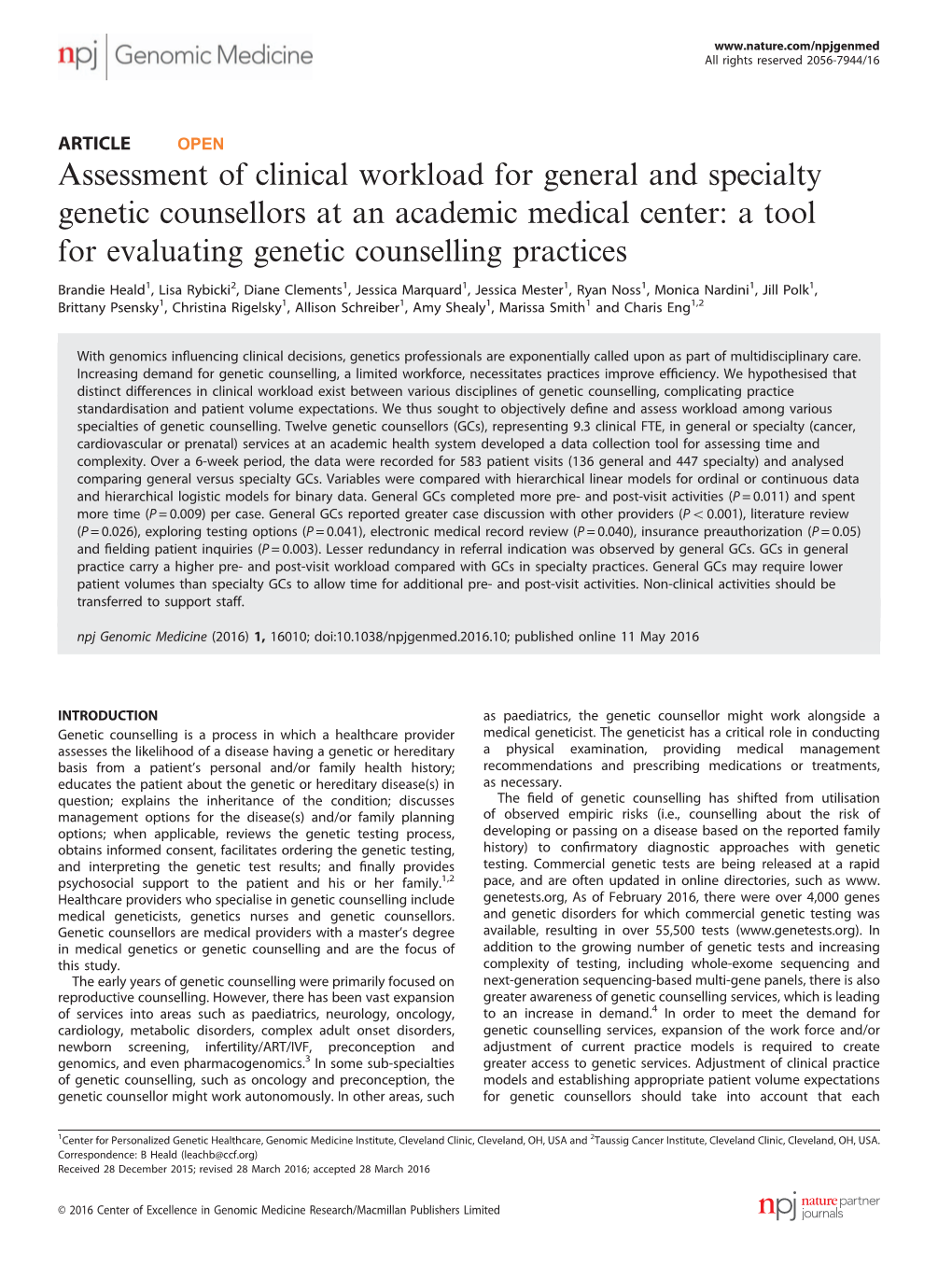 Assessment of Clinical Workload for General and Specialty Genetic Counsellors at an Academic Medical Center: a Tool for Evaluating Genetic Counselling Practices