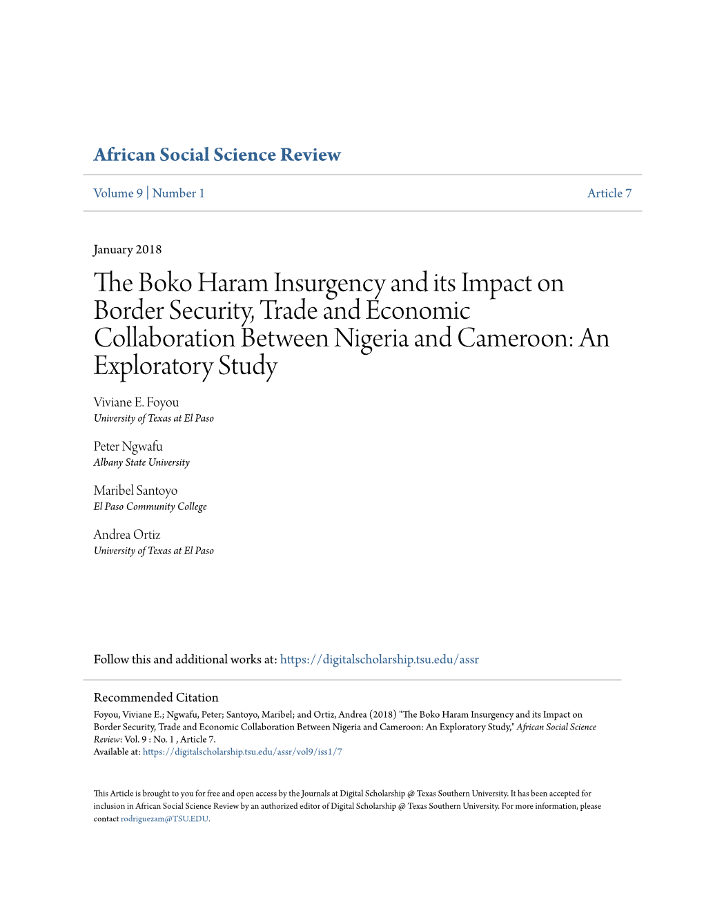 The Boko Haram Insurgency and Its Impact on Border Security, Trade and Economic Collaboration Between Nigeria and Cameroon: an Exploratory Study Viviane E