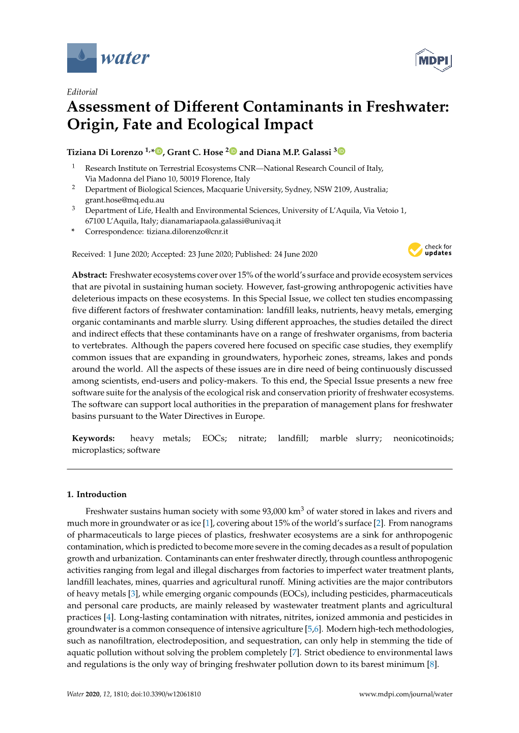 Assessment of Different Contaminants in Freshwater