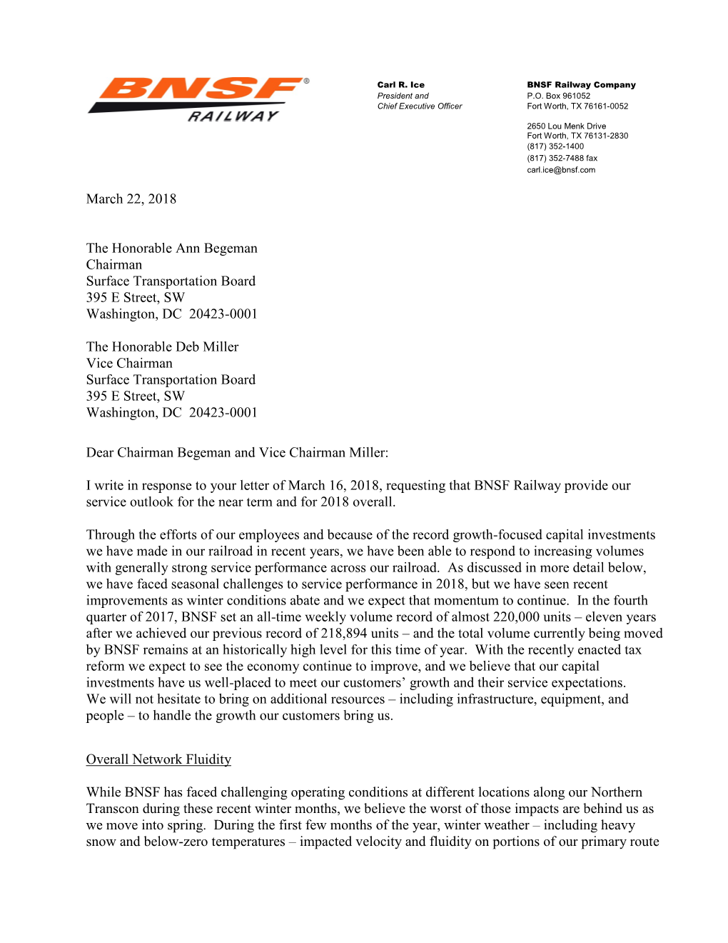 BNSF Response to STB Letter Requesting Service Outlook March