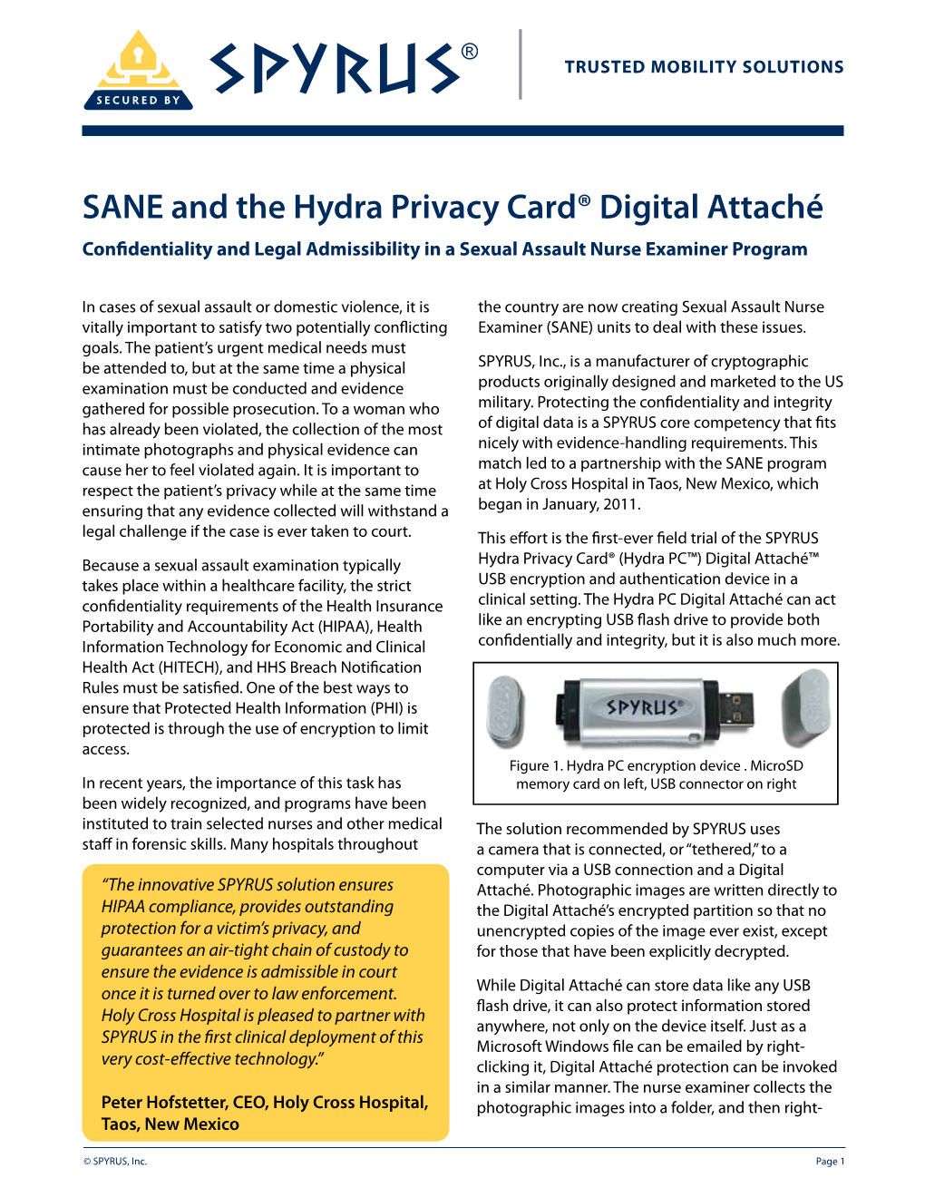 SANE and the Hydra Privacy Card® Digital Attaché Confidentiality and Legal Admissibility in a Sexual Assault Nurse Examiner Program