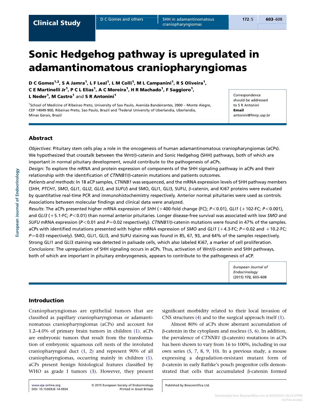 Sonic Hedgehog Pathway Is Upregulated in Adamantinomatous Craniopharyngiomas