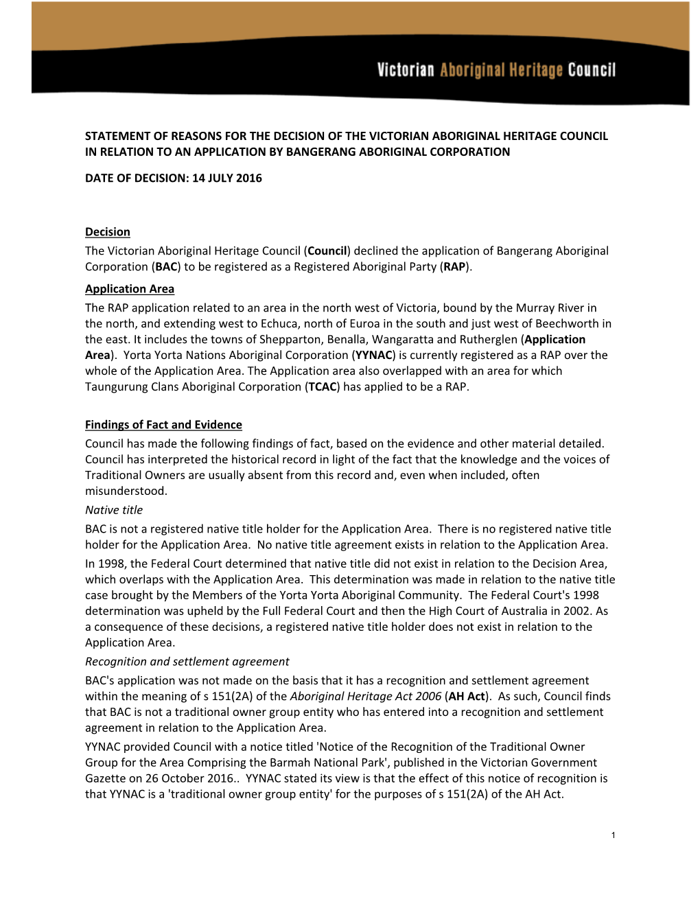 Statement of Reasons for the Decision of the Victorian Aboriginal Heritage Council in Relation to an Application by Bangerang Aboriginal Corporation