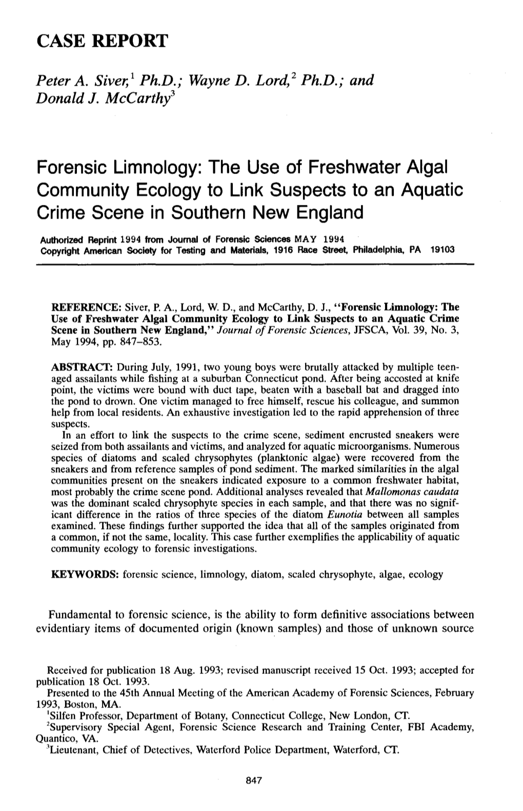 Forensic Limnology: the Use of Freshwater Algal Community Ecology to Link Suspects to an Aquatic Crime Scene in Southern New England