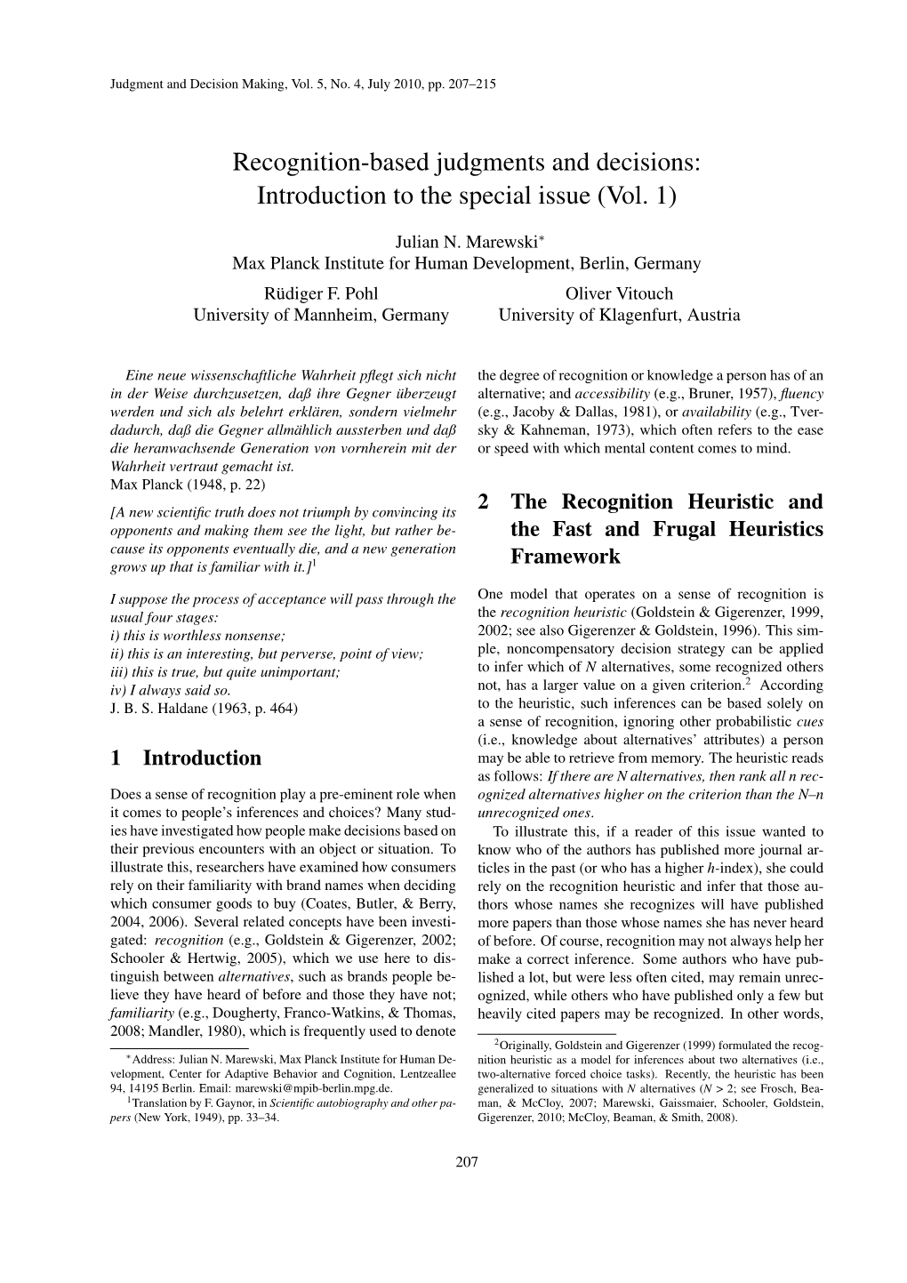 Recognition-Based Judgments and Decisions: Introduction to the Special Issue (Vol