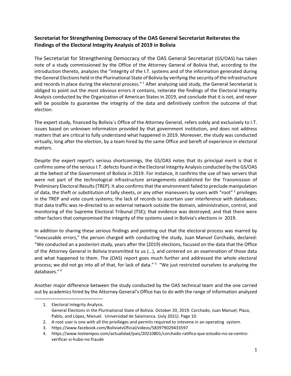 Secretariat for Strengthening Democracy of the OAS General Secretariat Reiterates the Findings of the Electoral Integrity Analysis of 2019 in Bolivia