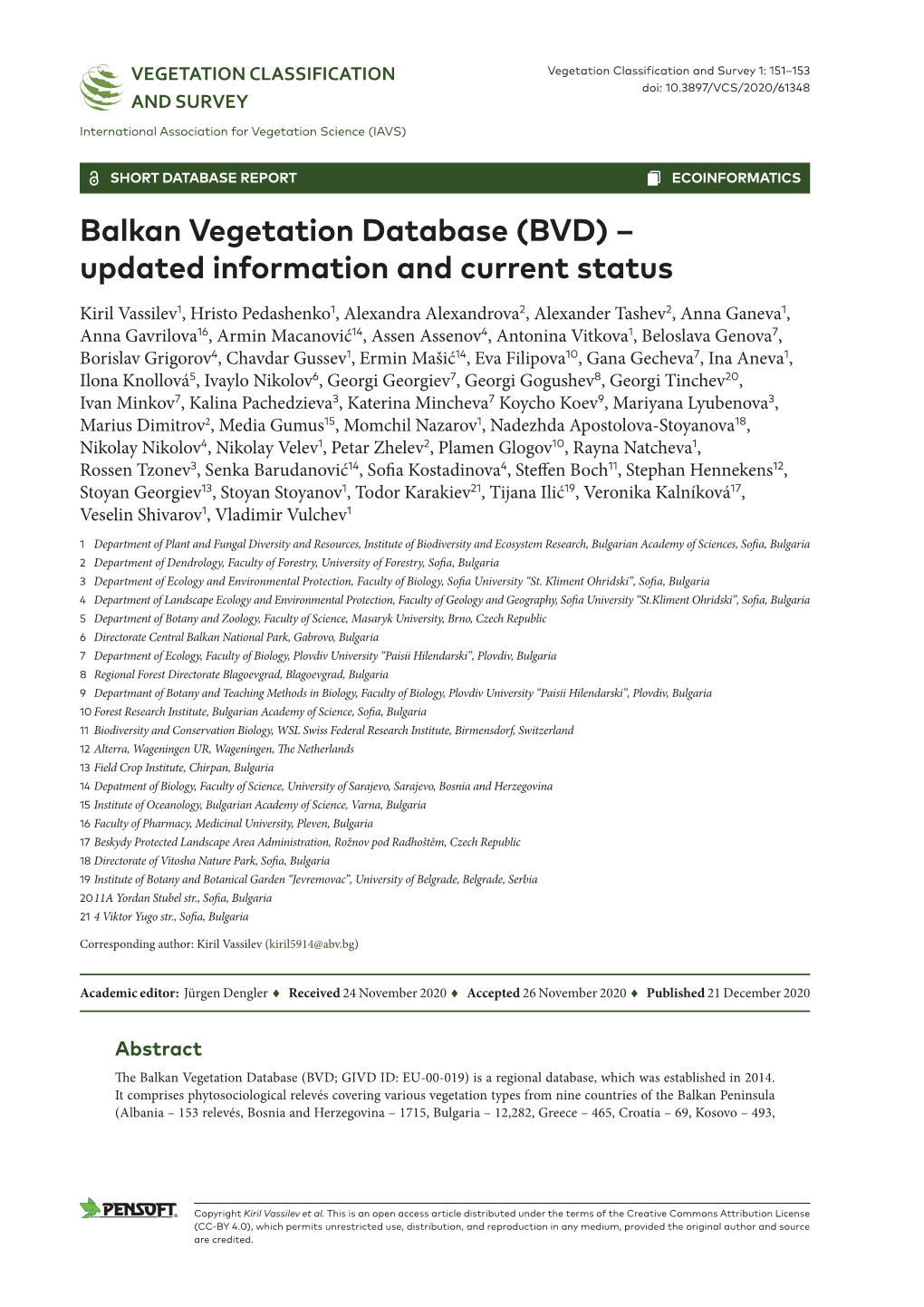 Balkan Vegetation Database (BVD) – Updated Information and Current Status