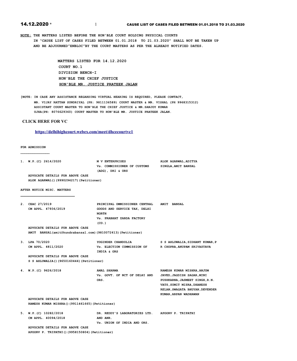 14.12.2020 * 1 Cause List of Cases Filed Between 01.01.2018 to 21.03.2020