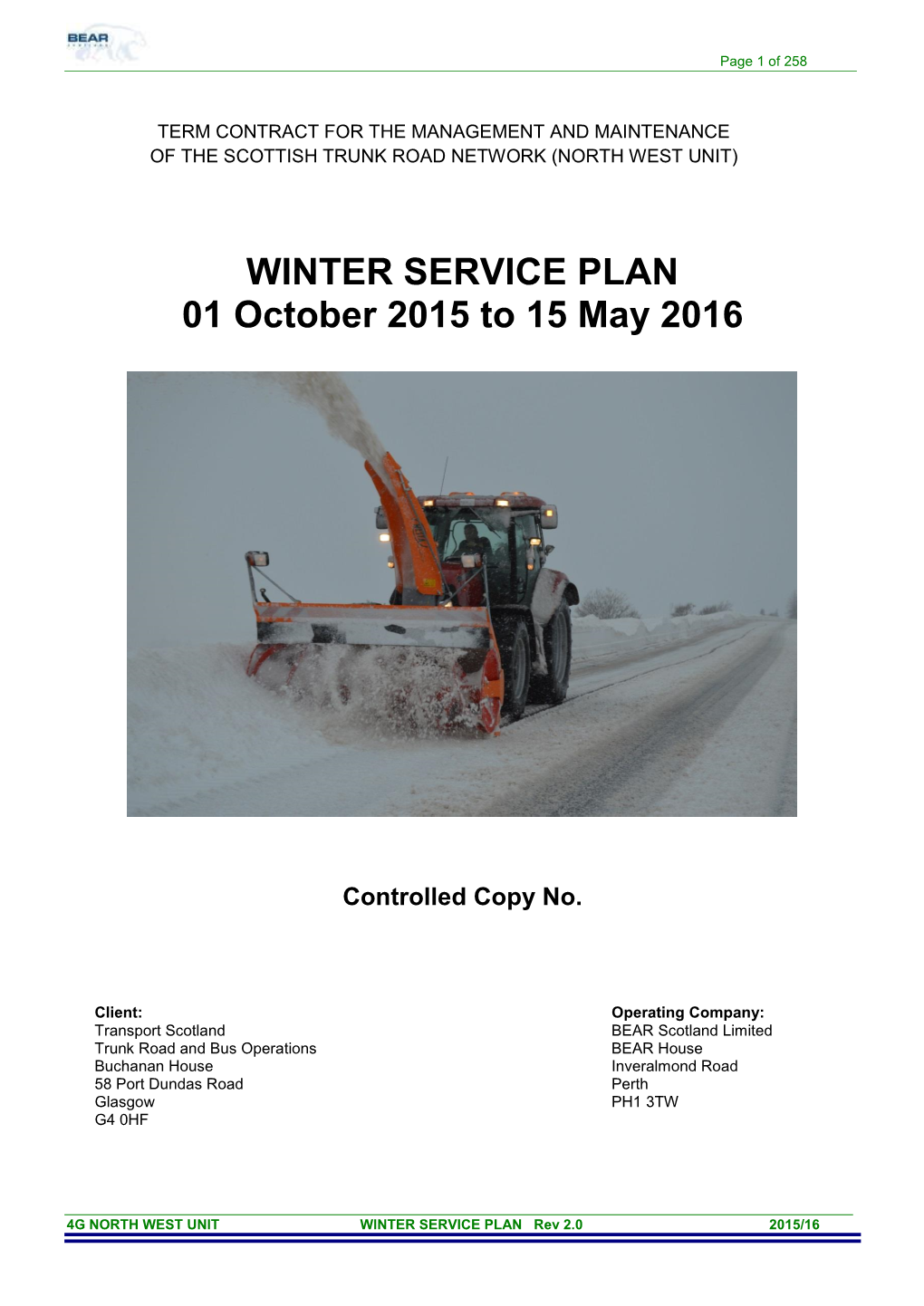 WINTER SERVICE PLAN 01 October 2015 to 15 May 2016