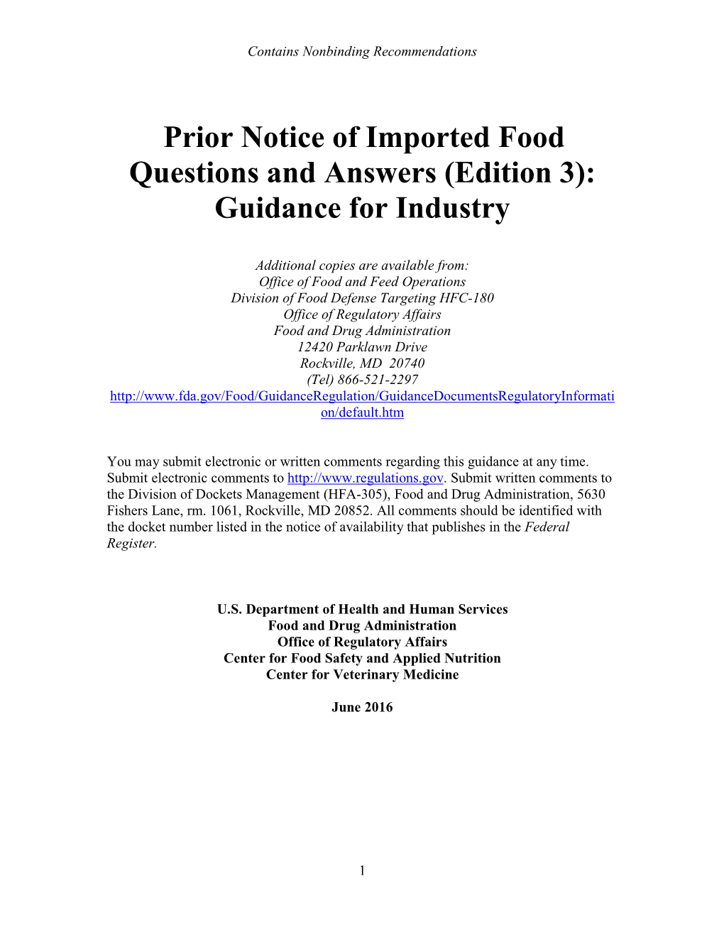 Prior Notice of Imported Foods Edition 3 Final Guidance