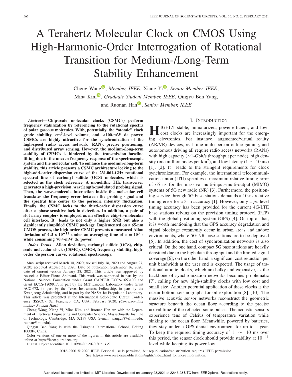 A Terahertz Molecular Clock on CMOS Using High-Harmonic-Order Interrogation of Rotational Transition for Medium-/Long-Term Stability Enhancement