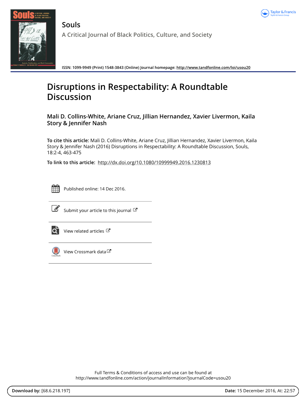 Disruptions in Respectability: a Roundtable Discussion