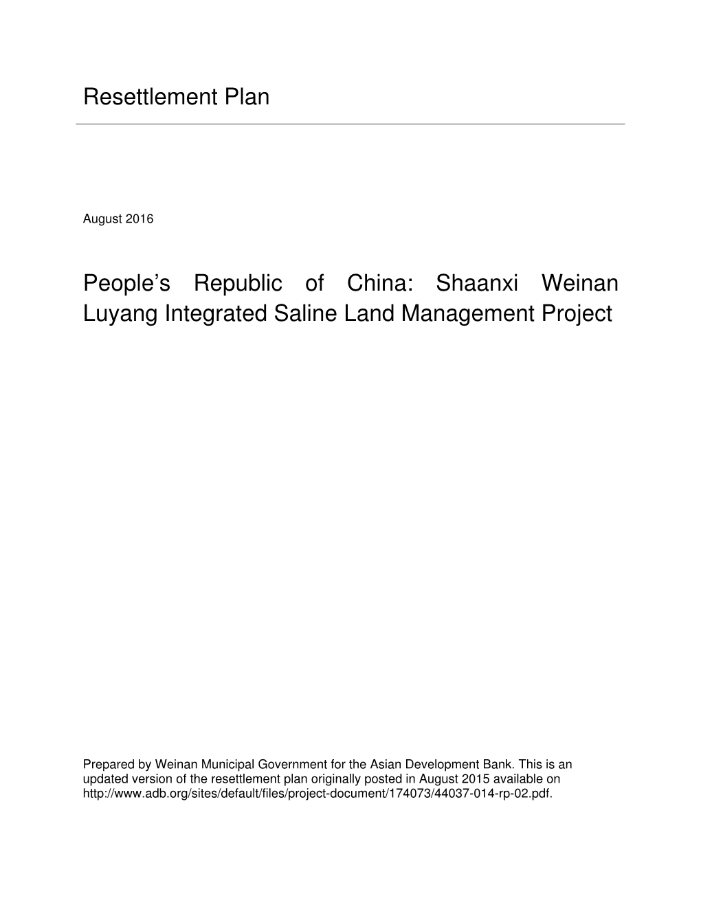 Resettlement Plan People's Republic of China: Shaanxi Weinan