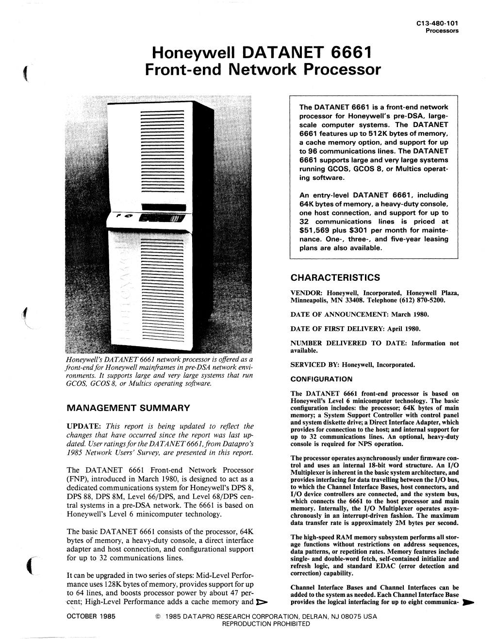 Honeywell DATANET 6661 Front-End Network Processor