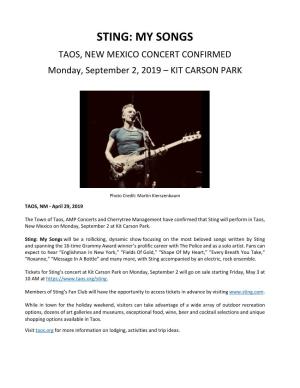 Sting: My Songs. Taos, New Mexico Concert Confirmed