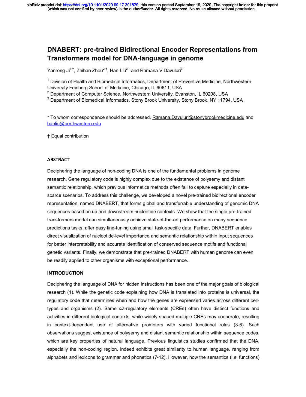 DNABERT: Pre-Trained Bidirectional Encoder Representations from Transformers Model for DNA-Language in Genome