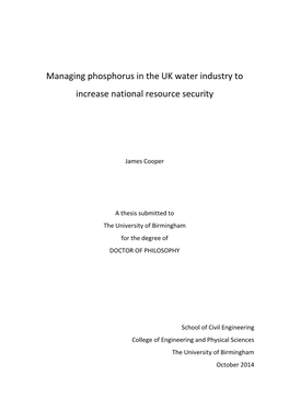 Managing Phosphorus in the UK Water Industry to Increase National