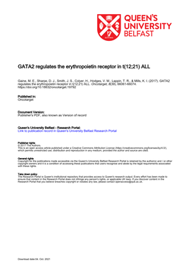 GATA2 Regulates the Erythropoietin Receptor in T(12;21) ALL