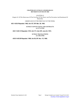 CHAPTER 435. SUNDAYS and HOLIDAYS REVISED STATUTES of 1846 CHAPTER 43 Chapter 43. of the Observance of the First Day of the Week