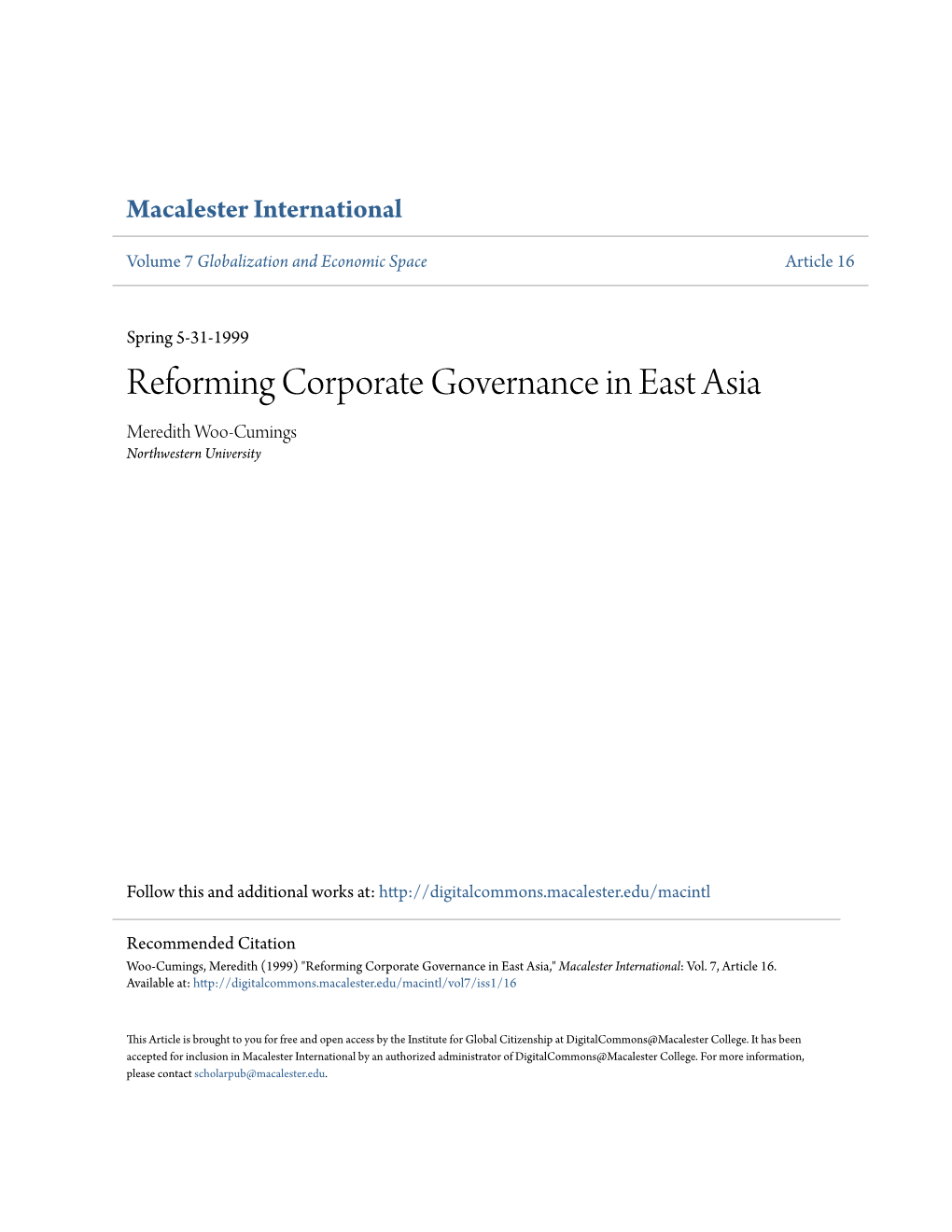 Reforming Corporate Governance in East Asia Meredith Woo-Cumings Northwestern University