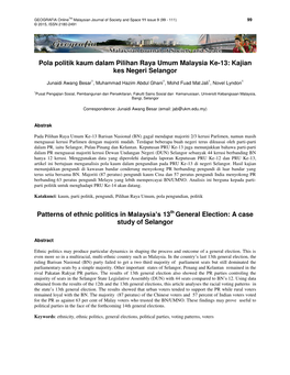 Pola Politik Kaum Dalam Pilihan Raya Umum Malaysia Ke-13: Kajian Kes Negeri Selangor