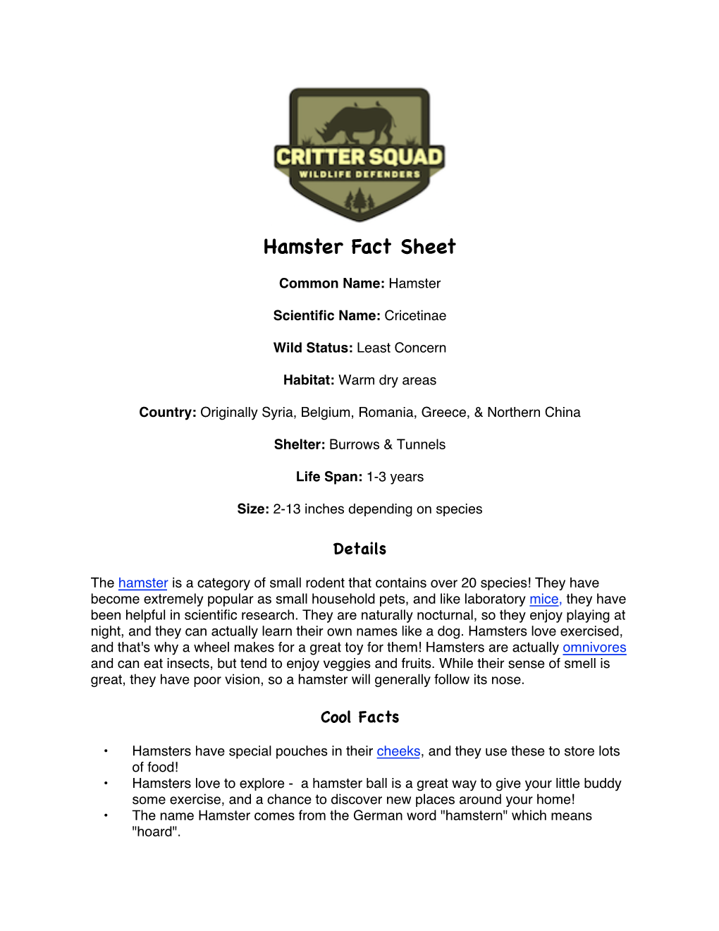 Hamster Fact Sheet