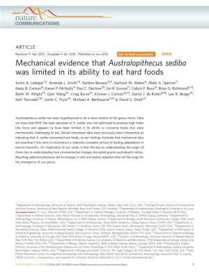 Mechanical Evidence That Australopithecus Sediba Was Limited in Its Ability to Eat Hard Foods