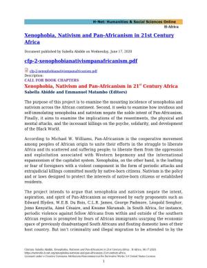 Xenophobia, Nativism and Pan-Africanism in 21St Century Africa