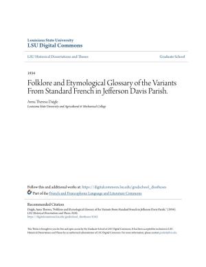 Folklore and Etymological Glossary of the Variants from Standard French in Jefferson Davis Parish