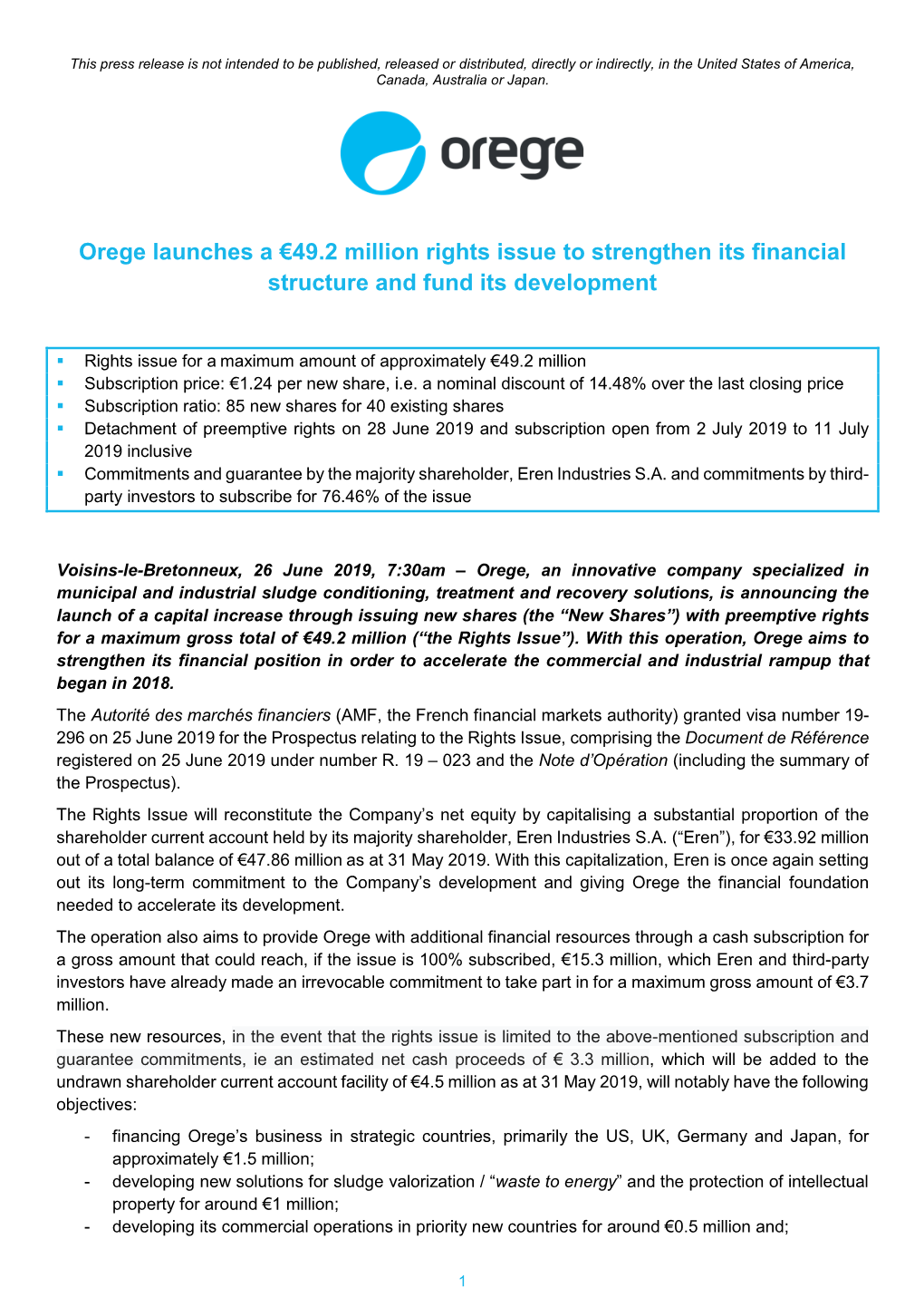 Orege Launches a €49.2 Million Rights Issue to Strengthen Its Financial Structure and Fund Its Development