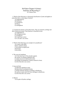 Self Quiz Chapter 9 (Joints) Anatomy & Physiology I