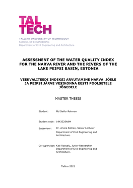 Assessment of the Water Quality Index for the Narva River and the Rivers of the Lake Peipsi Basin, Estonia