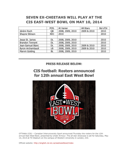 CIS Football: Rosters Announced for 12Th Annual East West Bowl