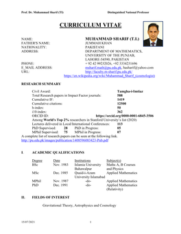 CV of Prof. Dr. Muhammad Sharif