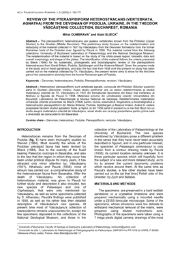 Review of the Pteraspidiform Heterostracans (Vertebrata, Agnatha) from the Devonian of Podolia, Ukraine, in the Theodor Văscăuţanu Collection, Bucharest, Romania