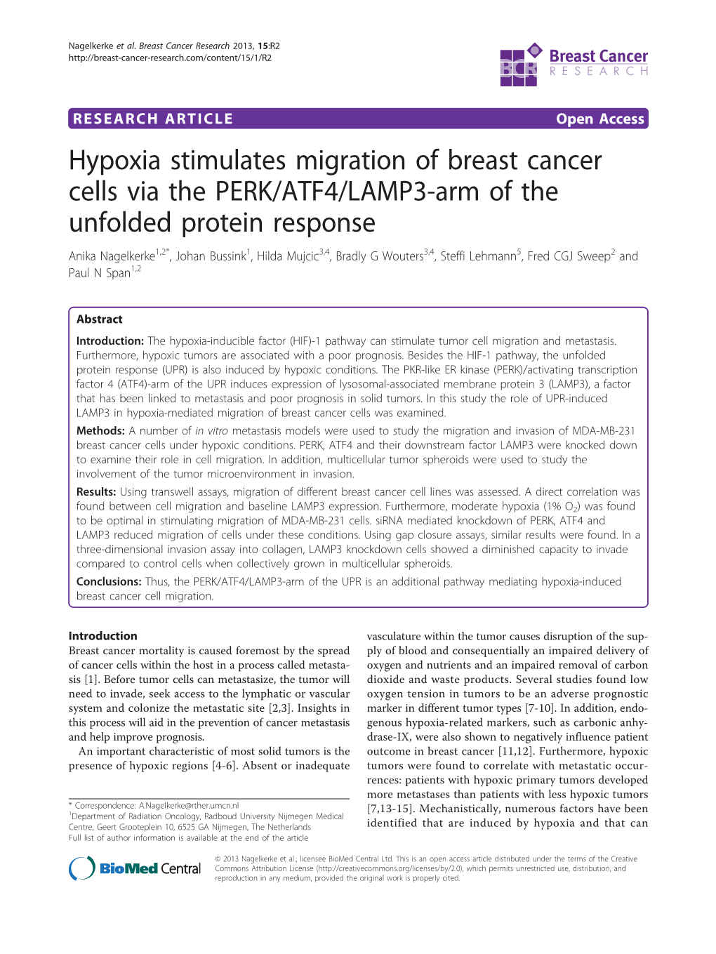 Hypoxia Stimulates Migration of Breast Cancer Cells Via the PERK/ATF4