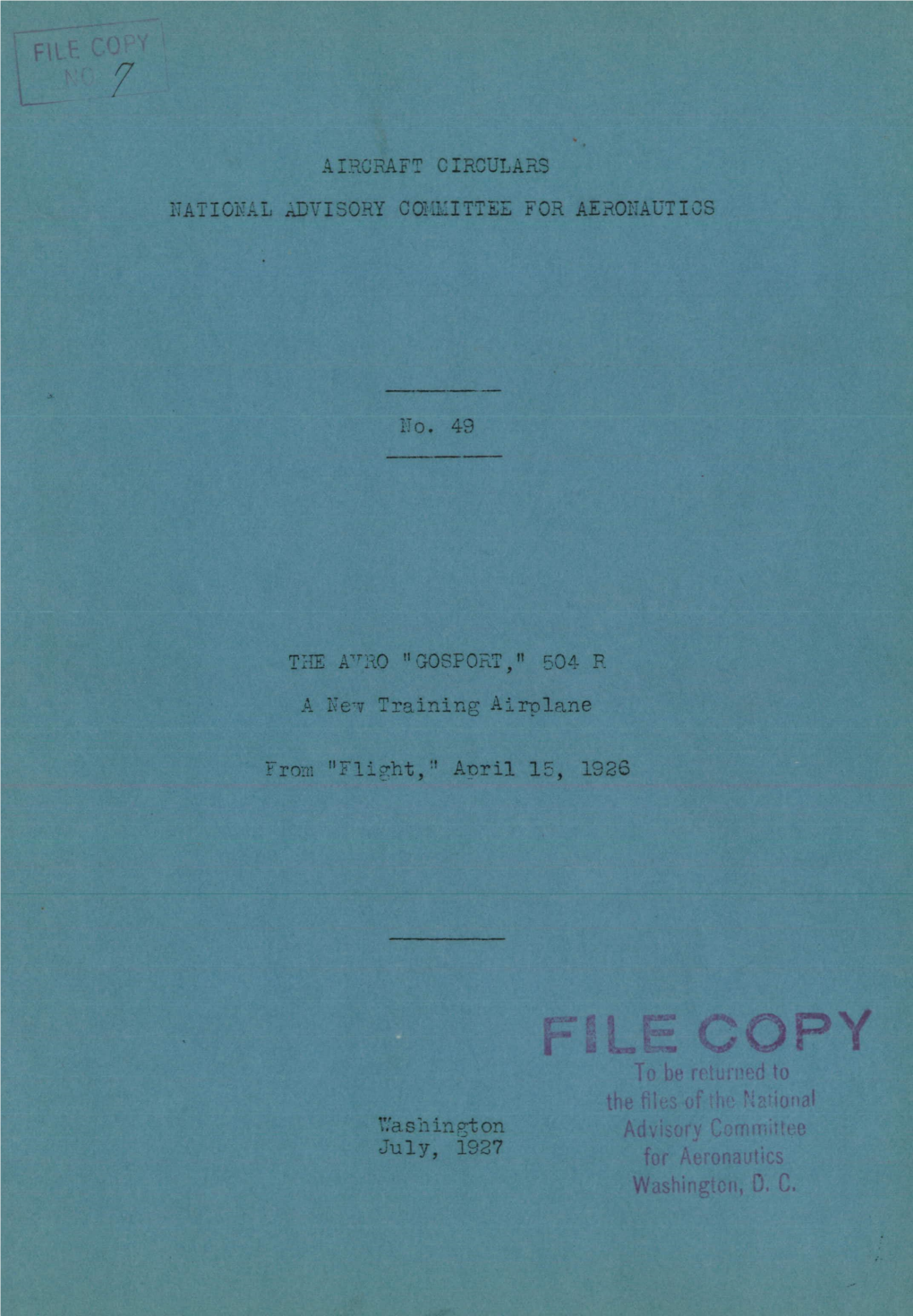 FILE COPY to Be Ft'd to the Tik of H Wnai a S 1X in T on July, 1927