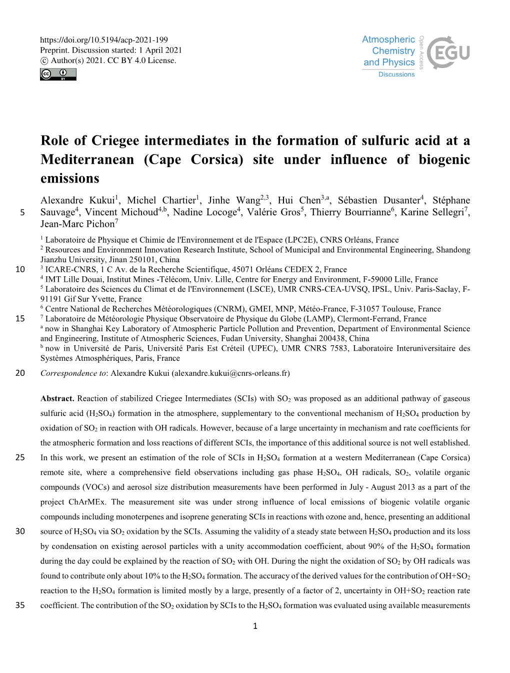 Role of Criegee Intermediates in the Formation of Sulfuric Acid at A